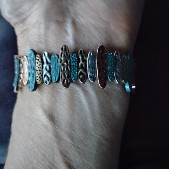 Bracelet Metal Narrow Oval Double holes Beads Tan Bronze Blue 2 Elastic Threads - Picture 7 of 9